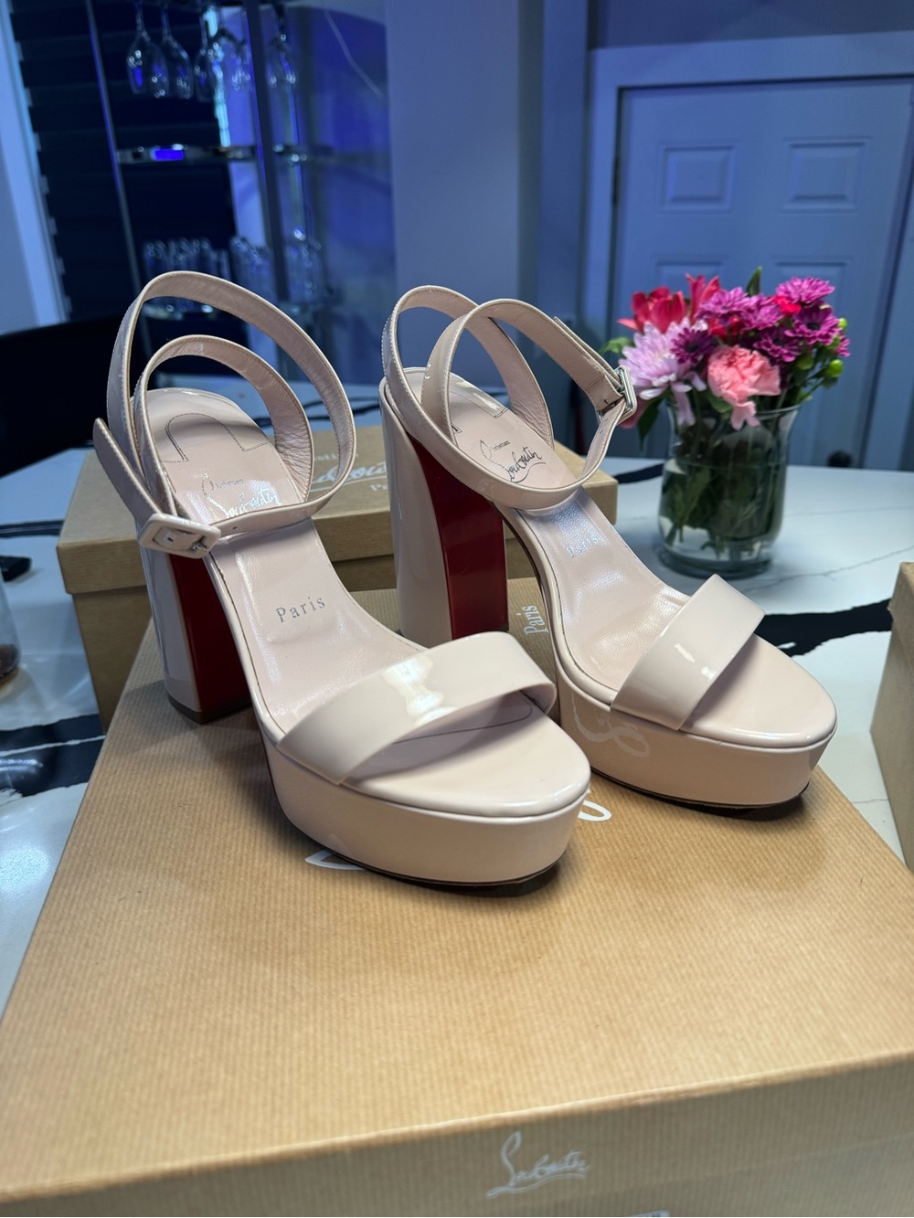 Christian Louboutin Blush Patent Platform Sandals with Red Sole